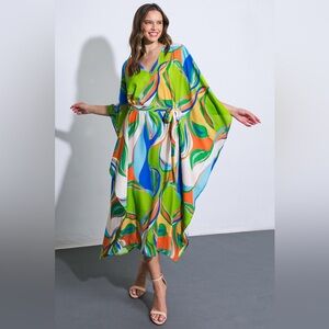 Flying Tomato Multicolor Green Blue Orange Abstract Kaftan Dress